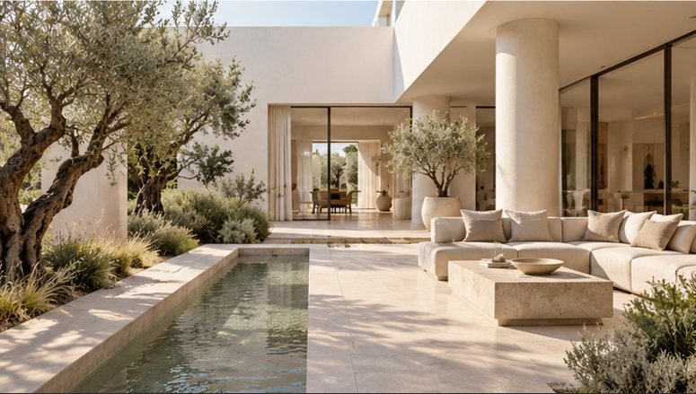 Patio, bassin et jardin d’oliviers de la Villa Alpilles