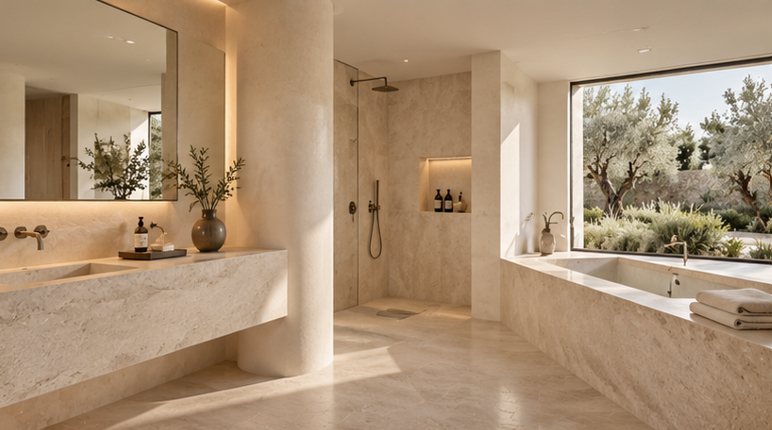 Salle de bains en pierre naturelle de la Villa Alpilles