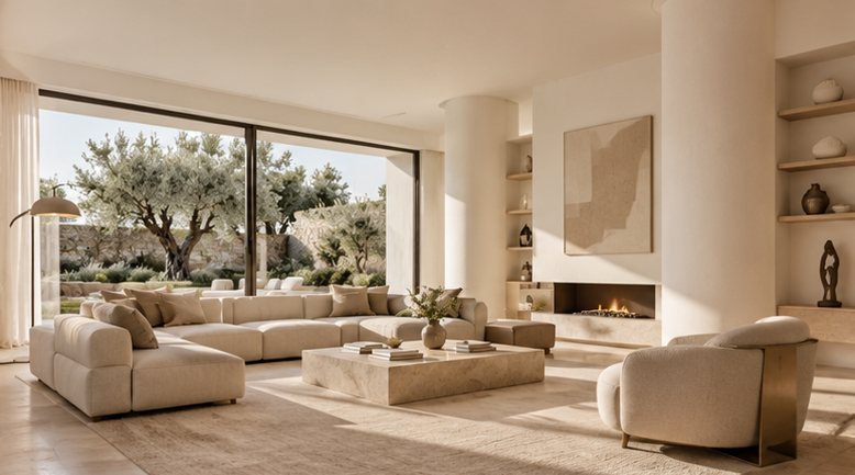 Salon de la Villa Alpilles ouvert sur un jardin d’oliviers