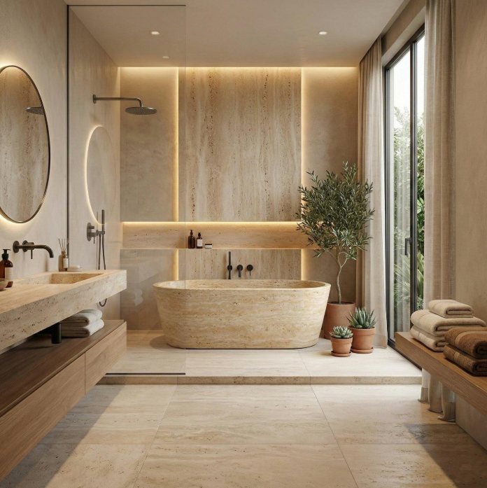 Salle de bains en travertin de la Maison du Cap Ferret