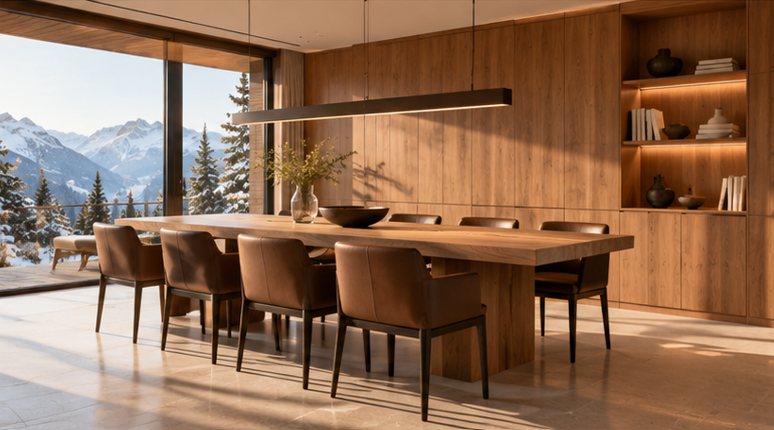 Espace repas en bois du Chalet Mont d’Arbois