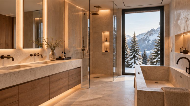 Salle de bains en pierre du Chalet Mont d’Arbois