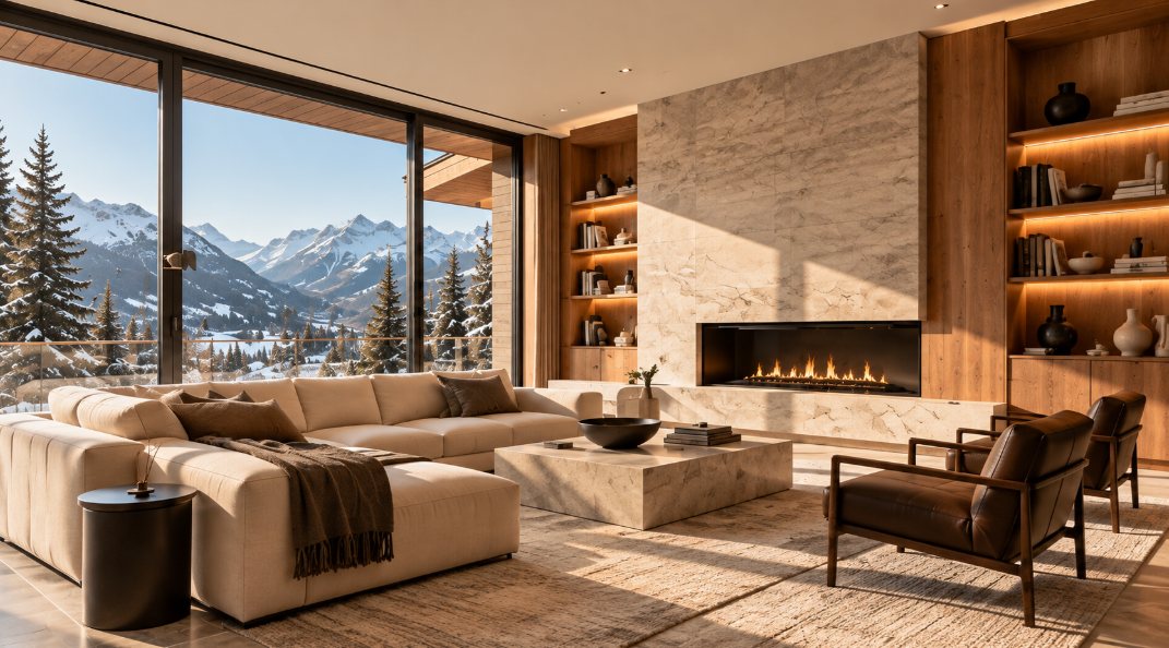 Salon du Chalet Mont d’Arbois face aux sommets enneigés