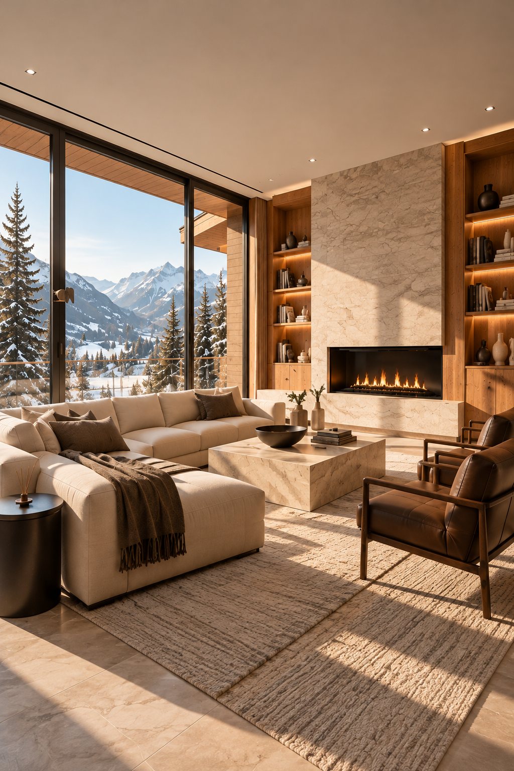Salon du Chalet Mont d’Arbois face aux sommets enneigés