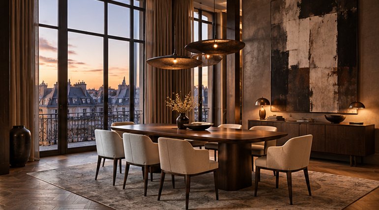 Salle à manger de l’Immeuble Marais Paris IIIe au crépuscule