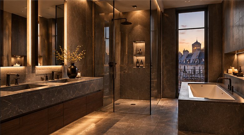 Salle de bains en pierre sombre de l’Immeuble Marais Paris IIIe
