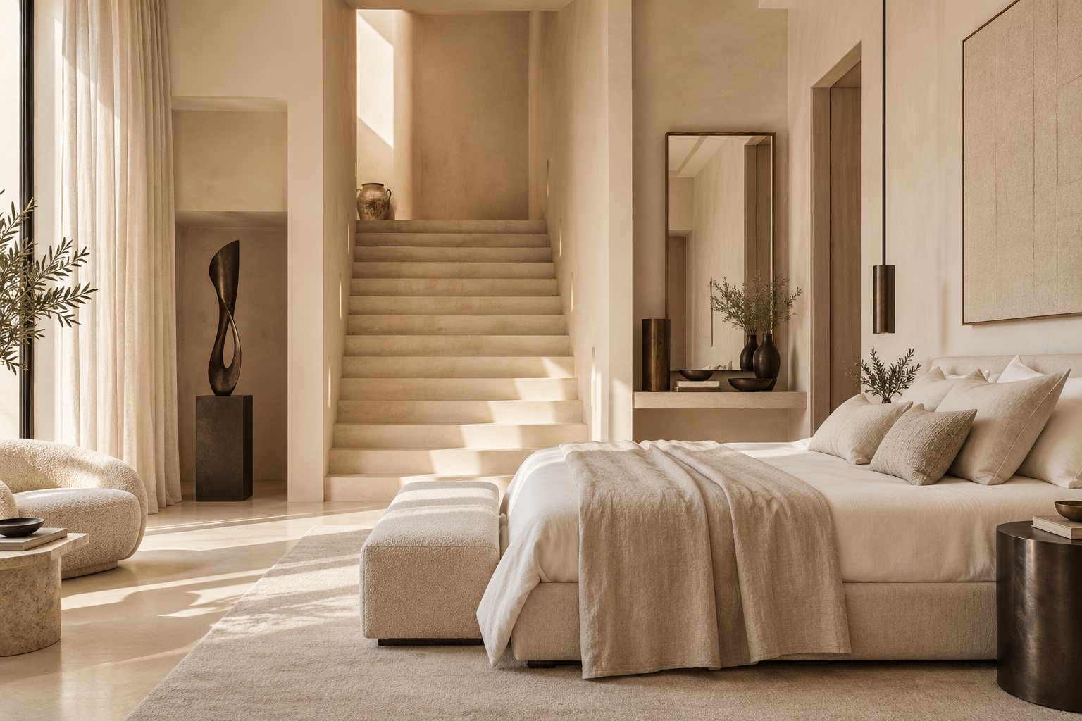 Chambre beige avec escalier sculptural du Pied-à-terre Monceau