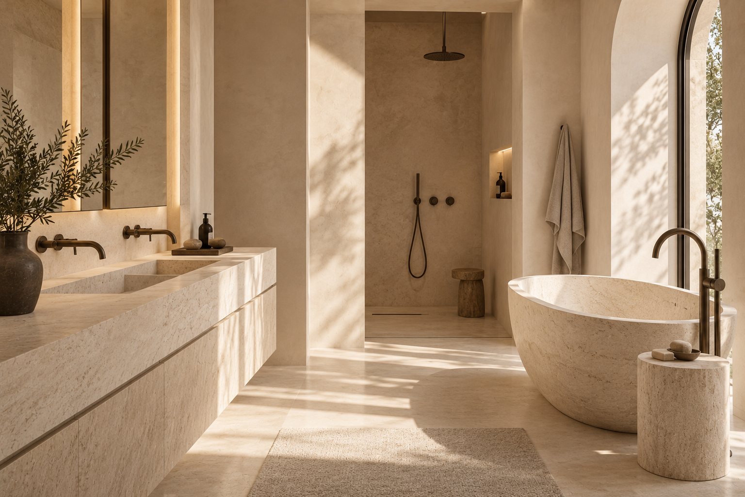 Salle de bains minimaliste aux tons sable du Pied-à-terre Monceau