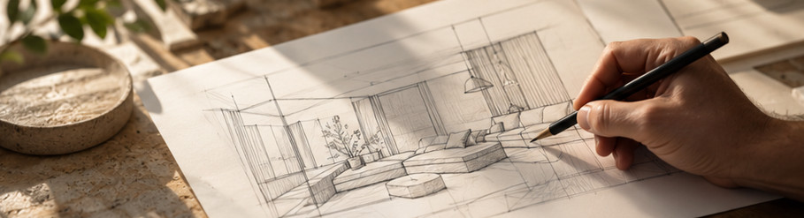 Main dessinant le croquis d’un intérieur sur une feuille