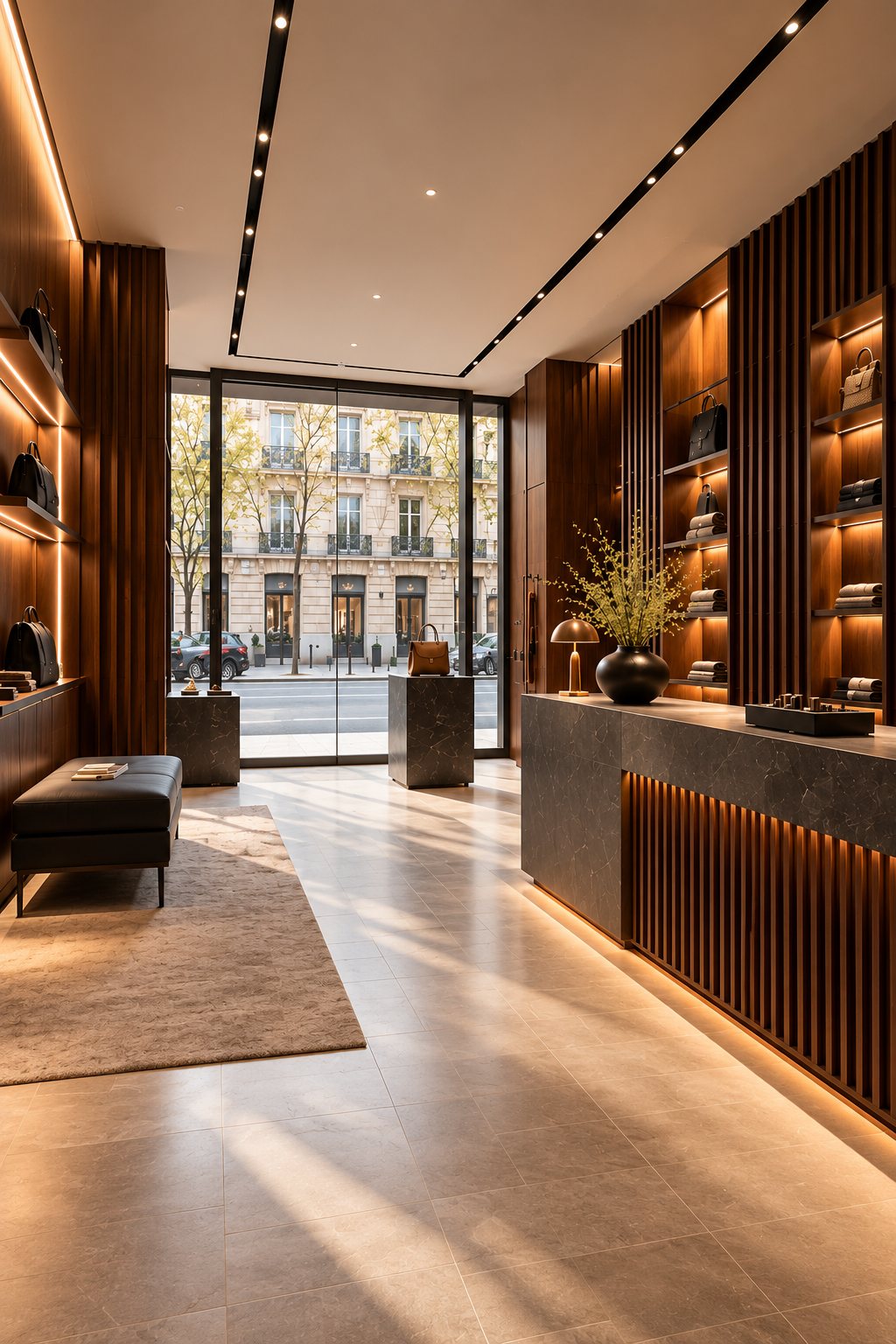 Espace d’accueil de la Boutique Saint-Honoré en bois sombre et pierre