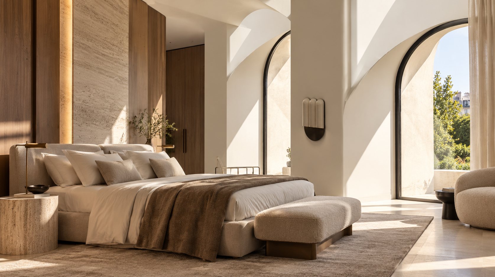Chambre contemporaine aux arches baignées de lumière de l’Appartement Varenne