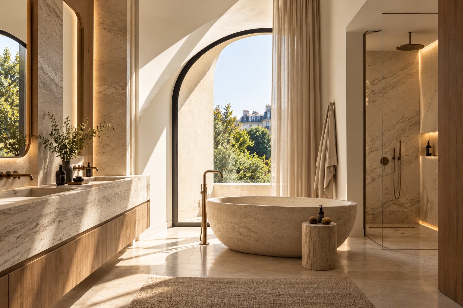 Salle de bains parisienne baignée de lumière de l’Appartement Varenne